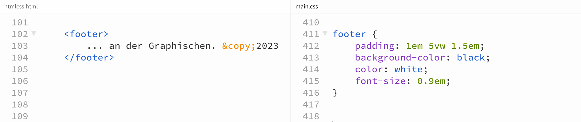 Hier ist HTML und CSS für die Gestaltung der Fußzeile zu sehen.